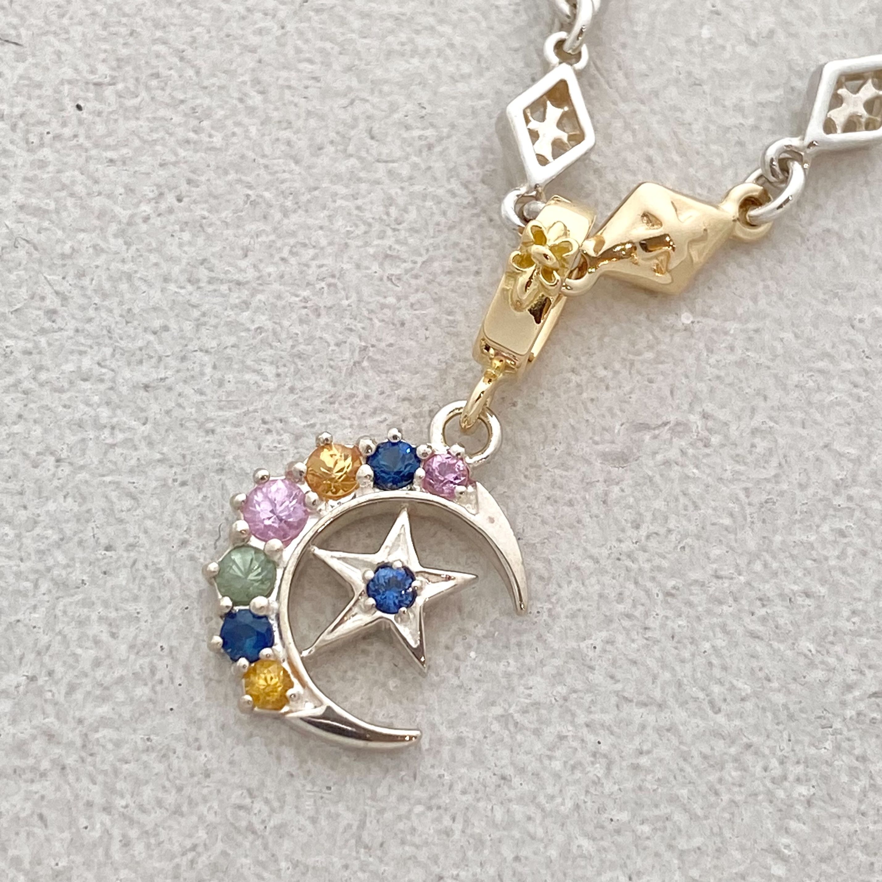 CRESCENT MOON/STAR SILVER AND GOLD PENDANT/Multi Color Sapp