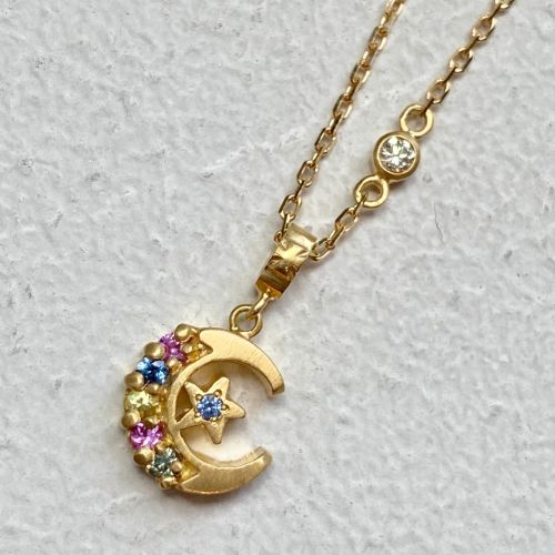 PETITE CRESCENT MOON MULTI COLOR SAPPHIRE NECKLACE yellow gold