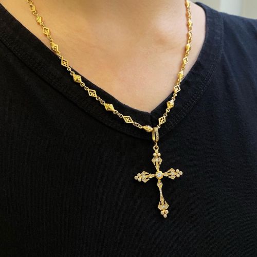 SMALL ANGEL YELLOW GOLD CROSS PENDANT/DIAMONDS Pendant（ペンダント