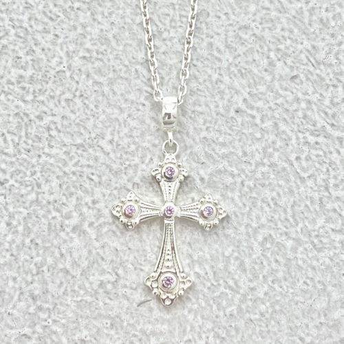 PETITE FANCY GOTHIC CROSS SILVER NECKLACE/PINK SAPP. Necklace