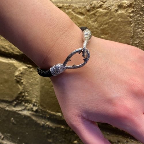 SILVER LARGE HOOK BLACK LEATHER BRACELET/ZIRCONIA Bracelet